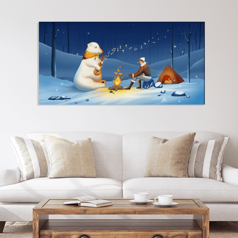 DECORGLANCE Posters, Prints, & Visual Artwork Polar Bear Playing Guitar In Snow Night Canvas Wall Painting