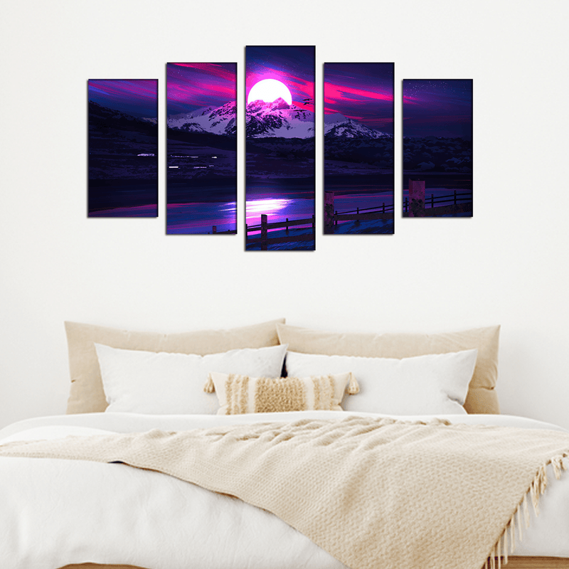 DECORGLANCE Posters, Prints, & Visual Artwork Purple River & Moon Scenery Canvas Wall Painting- With 5 Frames
