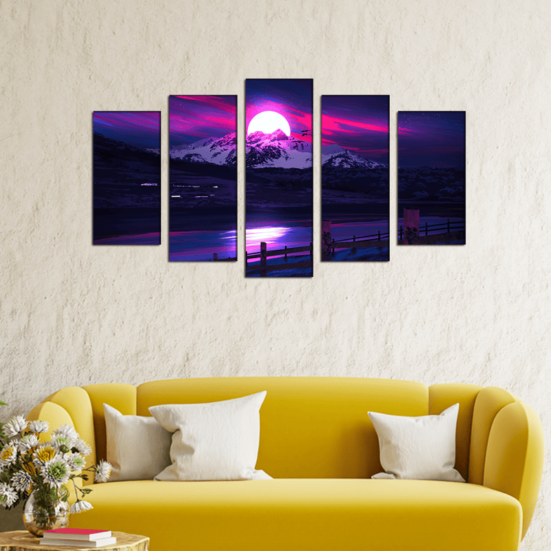 DECORGLANCE Posters, Prints, & Visual Artwork Purple River & Moon Scenery Canvas Wall Painting- With 5 Frames