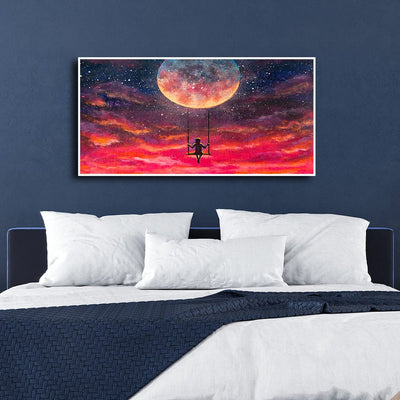 DecorGlance Posters, Prints, & Visual Artwork Red Sky With Moon Floating Frame Canvas Wall Painting
