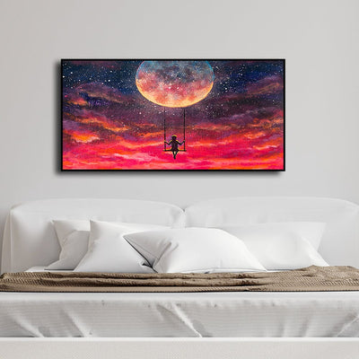 DecorGlance Posters, Prints, & Visual Artwork Red Sky With Moon Floating Frame Canvas Wall Painting