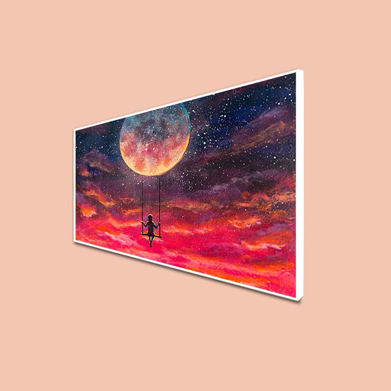 DecorGlance Posters, Prints, & Visual Artwork CANVAS PRINT WHITE FLOATING FRAME / (48x24) Inch / (121x60) Cm Red Sky With Moon Floating Frame Canvas Wall Painting