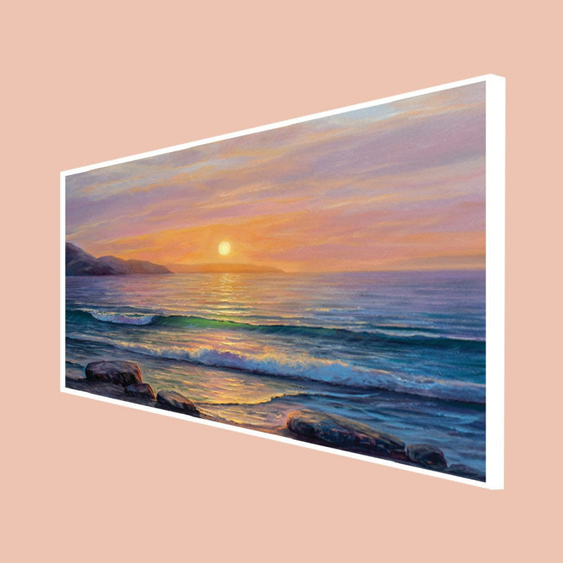 DecorGlance Posters, Prints, & Visual Artwork CANVAS PRINT WHITE FLOATING FRAME / (48x24) Inch / (121x60) Cm Sea Side Sunrise View Canvas Floating wall Painting