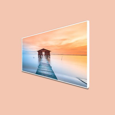 DecorGlance Posters, Prints, & Visual Artwork CANVAS PRINT WHITE FLOATING FRAME / (48x24) Inch / (121x60) Cm Seaside Bridge In Sunset Canvas Floating Frame wall Painting