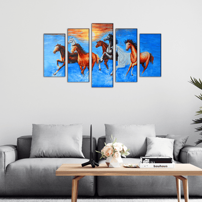 DECORGLANCE Posters, Prints, & Visual Artwork Seven Running Horses Canvas Wall Painting- With 5 Frames