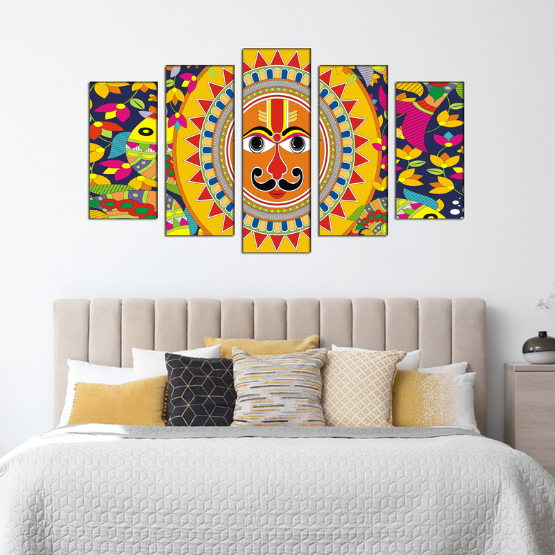 DECORGLANCE Posters, Prints, & Visual Artwork Sun In Madhubani Pattern Canvas Wall Painting- With 5 Frames