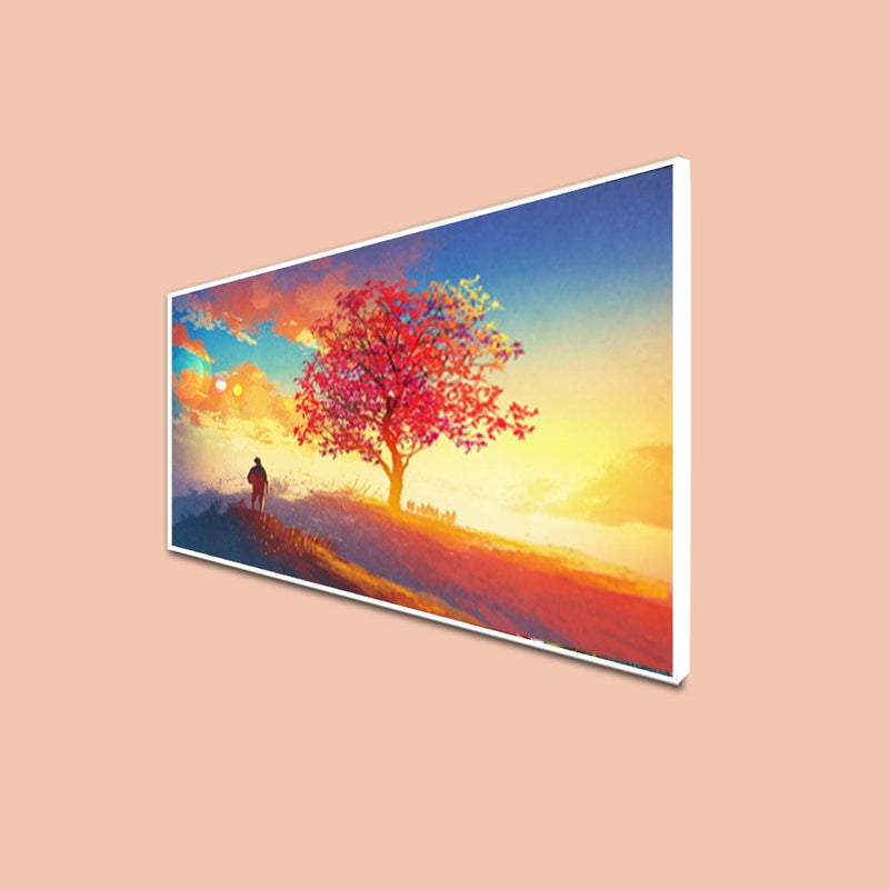 DecorGlance Posters, Prints, & Visual Artwork CANVAS PRINT WHITE FLOATING FRAME / (48x24) Inch / (121x60) Cm Sunrise Tree Scenery Canvas Floating Frame Wall Painting