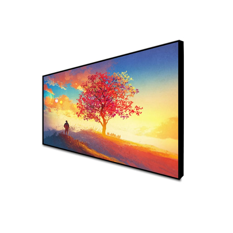 DecorGlance Posters, Prints, & Visual Artwork CANVAS PRINT BLACK FLOATING FRAME / (48x24) Inch / (121x60) Cm Sunrise Tree Scenery Canvas Floating Frame Wall Painting