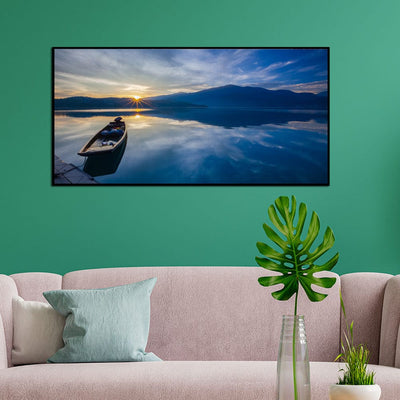 DecorGlance Posters, Prints, & Visual Artwork Sunset and Boat Canvas Floating Frame Wall Painting