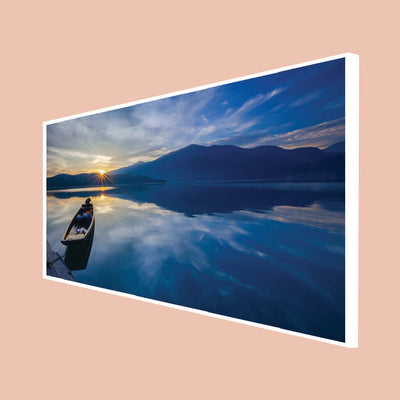 DecorGlance Posters, Prints, & Visual Artwork CANVAS PRINT WHITE FLOATING FRAME / (24 X 48) Inch / (60 X 121) Cm Sunset and Boat Canvas Floating Frame Wall Painting