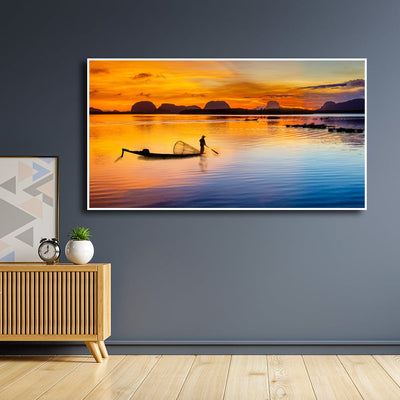 DecorGlance Posters, Prints, & Visual Artwork Sunset River View Floating Frame Canvas Wall Painting