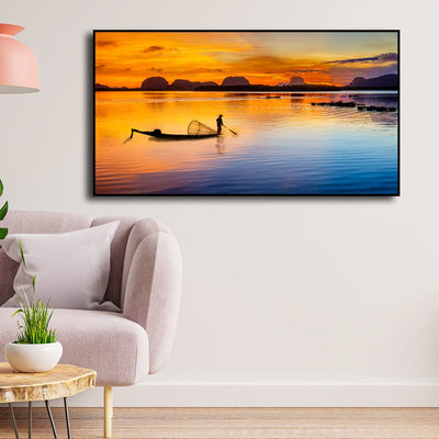 DecorGlance Posters, Prints, & Visual Artwork Sunset River View Floating Frame Canvas Wall Painting
