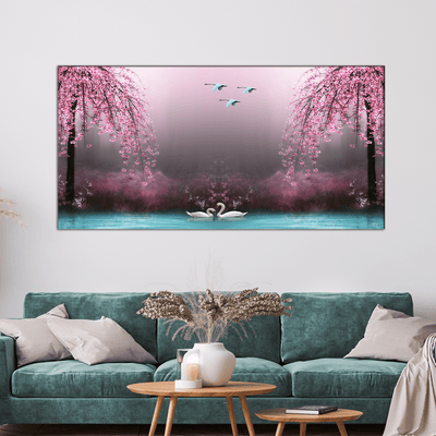 DECORGLANCE Posters, Prints, & Visual Artwork Swan With Pink Nature Scenery Canvas Wall Painting