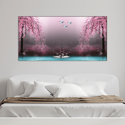 DECORGLANCE Posters, Prints, & Visual Artwork Swan With Pink Nature Scenery Canvas Wall Painting