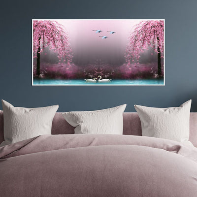 DecorGlance Posters, Prints, & Visual Artwork Swan With Pink Nature Scenery Floating Frame Canvas Wall Painting