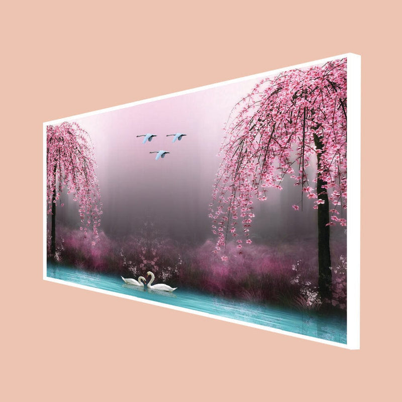 DecorGlance Posters, Prints, & Visual Artwork CANVAS PRINT WHITE FLOATING FRAME / (48x24) Inch / (121x60) Cm Swan With Pink Nature Scenery Floating Frame Canvas Wall Painting