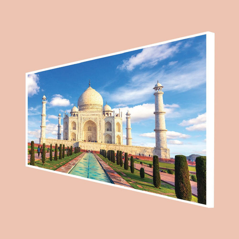 DecorGlance Posters, Prints, & Visual Artwork CANVAS PRINT WHITE FLOATING FRAME / (48x24) Inch / (121x60) Cm Taj Mahal Monument Canvas Floating Frame Wall Painting
