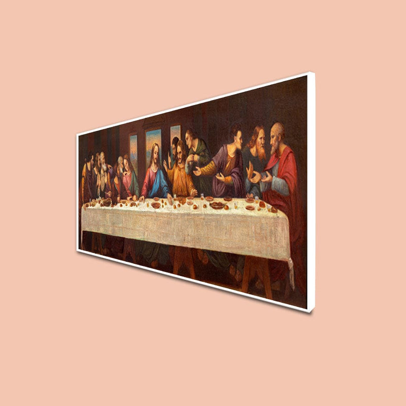DecorGlance Posters, Prints, & Visual Artwork CANVAS PRINT WHITE FLOATING FRAME / (24 X 48) Inch / (60 X 121) Cm The Last Supper  Canvas Floating Frame Wall Painting