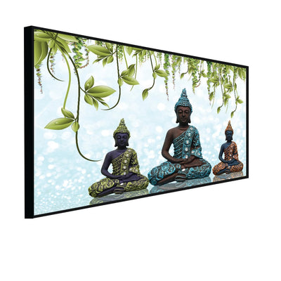 DecorGlance Posters, Prints, & Visual Artwork CANVAS PRINT BLACK FLOATING FRAME / (48x24) Inch / (121x60) Cm Three Buddha Statue Canvas Floating Frame Wall Painting