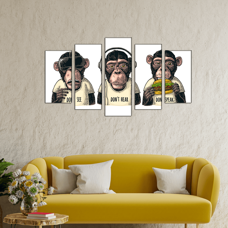 DECORGLANCE Posters, Prints, & Visual Artwork Three Wise Monkeys Canvas Wall Painting- With 5 Frames