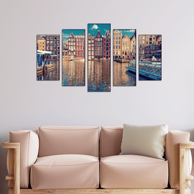 DECORGLANCE Posters, Prints, & Visual Artwork Town River Canvas Wall Painting- With 5 Frames