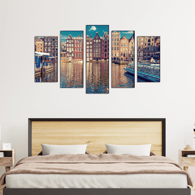 DECORGLANCE Posters, Prints, & Visual Artwork Town River Canvas Wall Painting- With 5 Frames