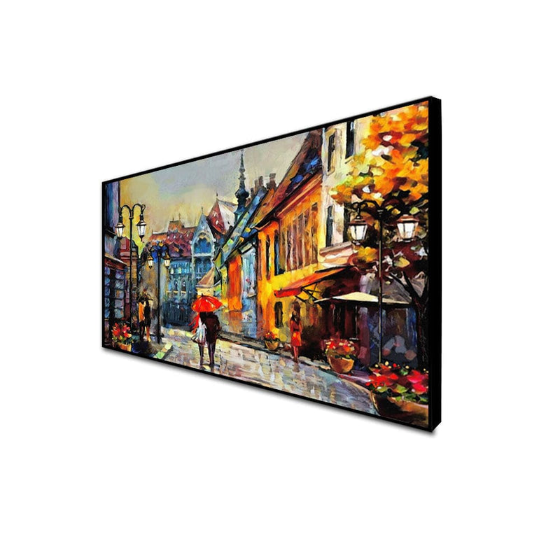 DecorGlance Posters, Prints, & Visual Artwork CANVAS PRINT BLACK FLOATING FRAME / (48x24) Inch / (121x60) Cm Town Street Artistic View Canvas Wall Painting