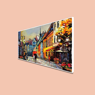 DecorGlance Posters, Prints, & Visual Artwork CANVAS PRINT WHITE FLOATING FRAME / (48x24) Inch / (121x60) Cm Town Street Artistic View Canvas Wall Painting
