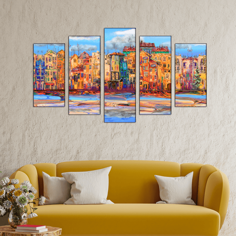 DECORGLANCE Posters, Prints, & Visual Artwork Town View Spread Art Canvas Wall Painting- With 5 Frames