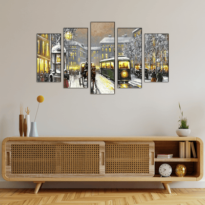 DECORGLANCE Posters, Prints, & Visual Artwork Tram In The Street Canvas Wall Painting- With 5 Frames