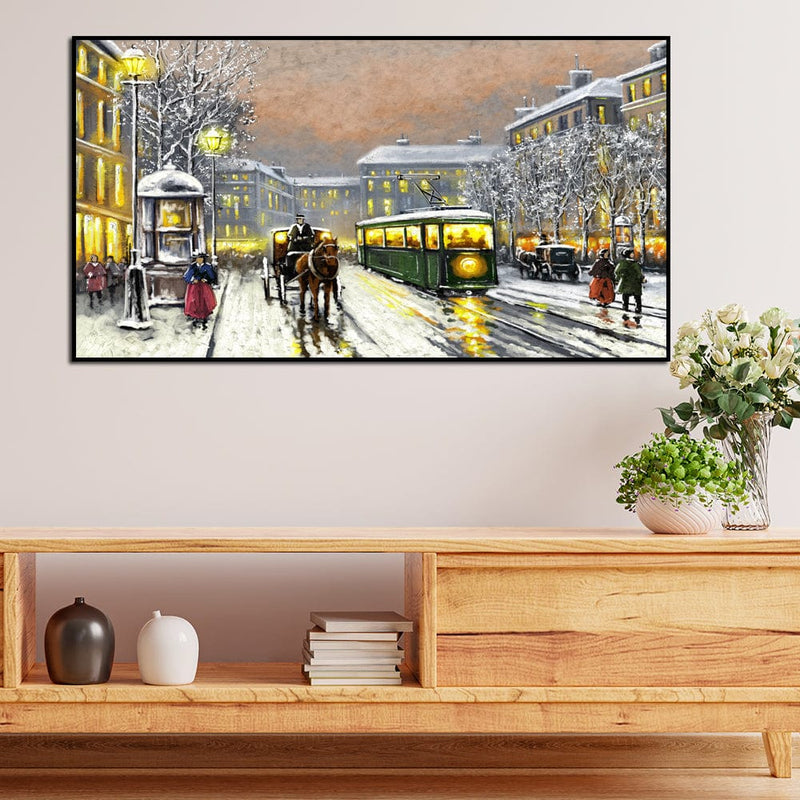 DecorGlance Posters, Prints, & Visual Artwork Tram In The Street Floating Frame Canvas Wall Painting