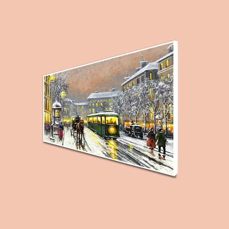 DecorGlance Posters, Prints, & Visual Artwork CANVAS PRINT WHITE FLOATING FRAME / (48x24) Inch / (121x60) Cm Tram In The Street Floating Frame Canvas Wall Painting