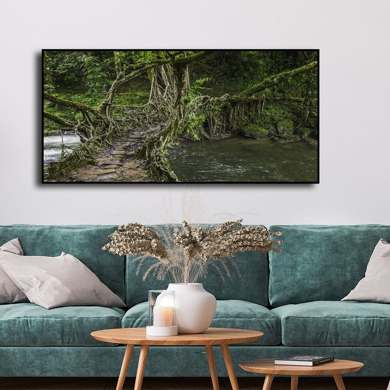 DecorGlance Posters, Prints, & Visual Artwork Tree Bridge In Forest Canvas Floating Frame Wall Painting