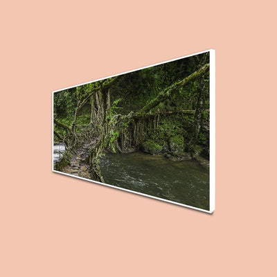 DecorGlance Posters, Prints, & Visual Artwork CANVAS PRINT WHITE FLOATING FRAME / (48x24) Inch / (121x60) Cm Tree Bridge In Forest Canvas Floating Frame Wall Painting