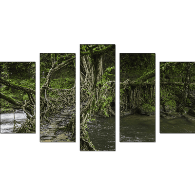DECORGLANCE Posters, Prints, & Visual Artwork Tree Bridge In Forest Canvas Wall Painting- With 5 Frames