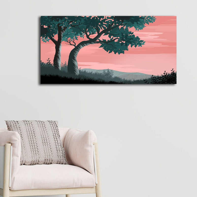 DecorGlance Posters, Prints, & Visual Artwork Tree Under Pink Sky Illustration Canvas Wall Painting