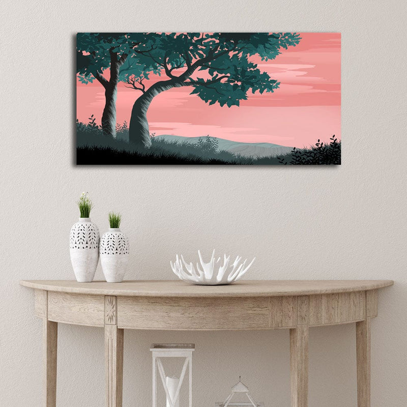 DecorGlance Posters, Prints, & Visual Artwork Tree Under Pink Sky Illustration Canvas Wall Painting