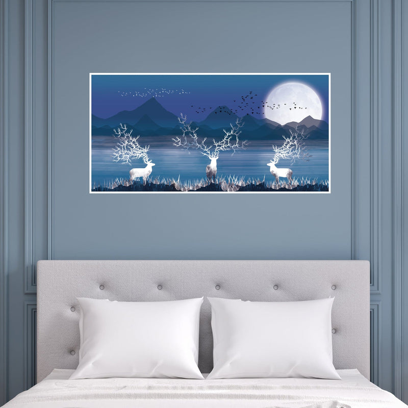 DecorGlance Posters, Prints, & Visual Artwork White Deer In Night Canvas Floating frame Wall Painting