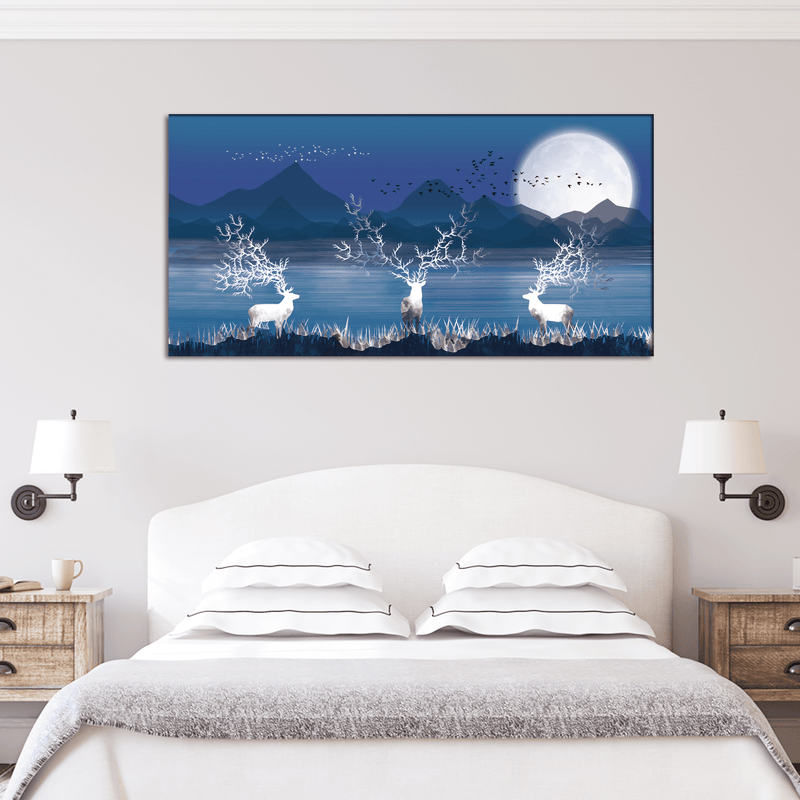 DECORGLANCE Posters, Prints, & Visual Artwork White Deer In Night Canvas Wall Painting