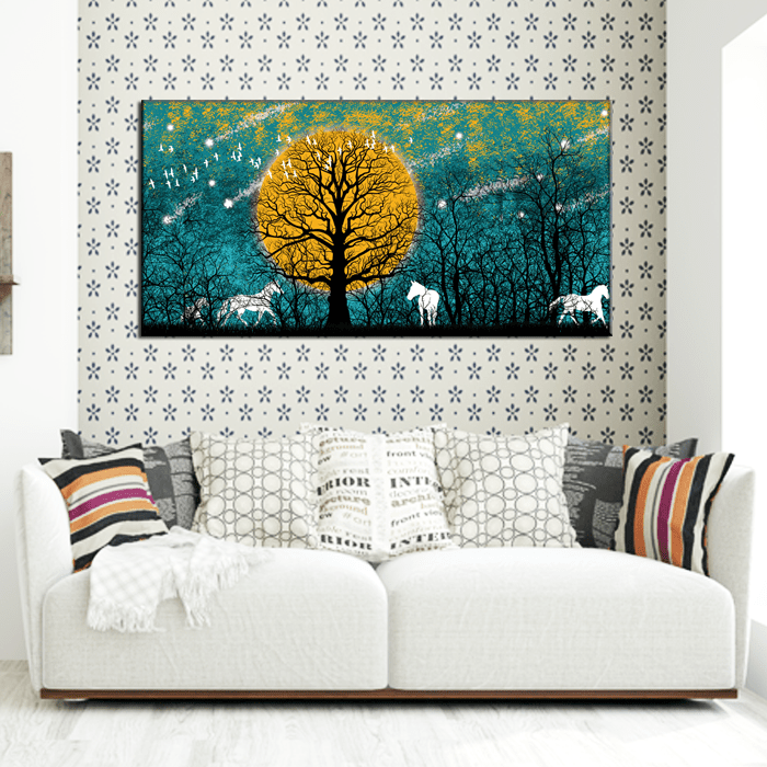 DECORGLANCE Posters, Prints, & Visual Artwork White Deer With Yellow Tree Abstract Canvas Wall Painting