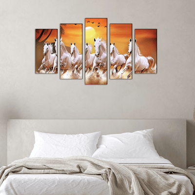 DECORGLANCE Posters, Prints, & Visual Artwork White Horses Running In Time Of Sunset Canvas Wall Painting- With 5 Frames