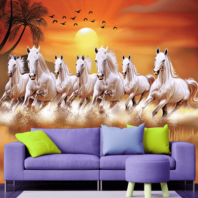 DECORGLANCE Posters, Prints, & Visual Artwork White Horses Running In Time Of Sunset Wallpaper