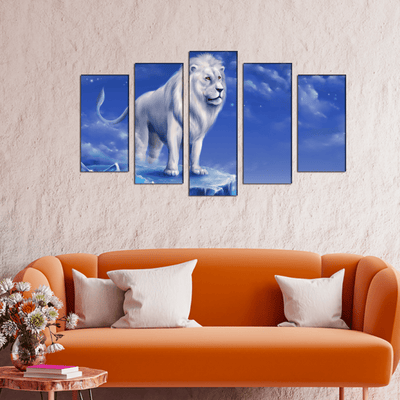 DECORGLANCE Posters, Prints, & Visual Artwork White Lion In Blue Sky Canvas Wall Painting- With 5 Frames