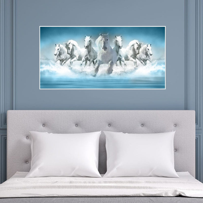 DecorGlance Posters, Prints, & Visual Artwork White Seven Horse Canvas Floating Frame Wall Painting