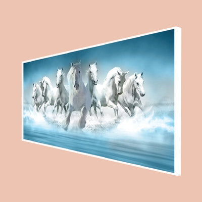 DecorGlance Posters, Prints, & Visual Artwork CANVAS PRINT WHITE FLOATING FRAME / (48x24) Inch / (121x60) Cm White Seven Horse Canvas Floating Frame Wall Painting