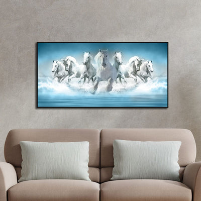 DecorGlance Posters, Prints, & Visual Artwork White Seven Horse Canvas Floating Frame Wall Painting