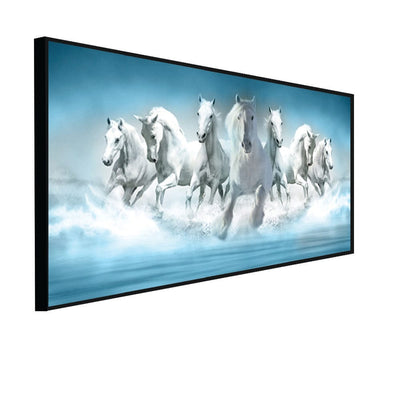 DecorGlance Posters, Prints, & Visual Artwork CANVAS PRINT BLACK FLOATING FRAME / (48x24) Inch / (121x60) Cm White Seven Horse Canvas Floating Frame Wall Painting