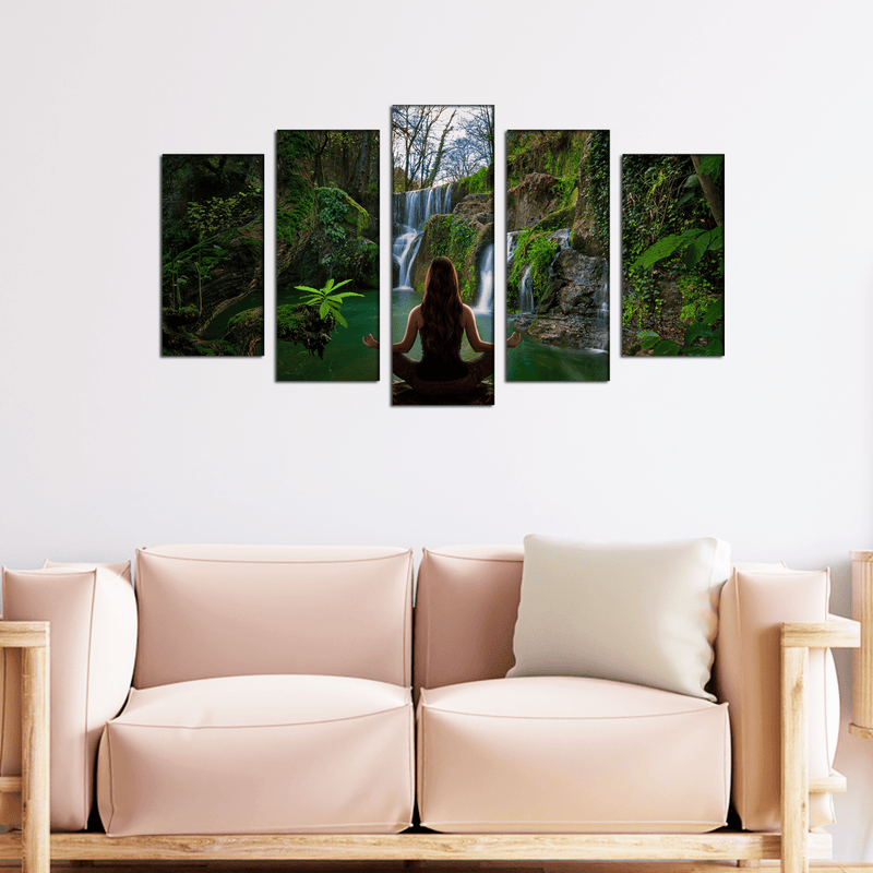DECORGLANCE Posters, Prints, & Visual Artwork Woman Doing Meditation In Front Of waterfall Canvas Wall Painting- With 5 Frames