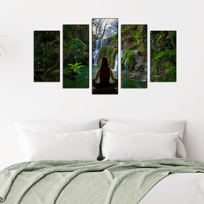 DECORGLANCE Posters, Prints, & Visual Artwork Woman Doing Meditation In Front Of waterfall Canvas Wall Painting- With 5 Frames