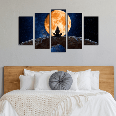 DECORGLANCE Posters, Prints, & Visual Artwork Woman Meditating In Front Of Moon Canvas Wall Painting- With 5 Frames
